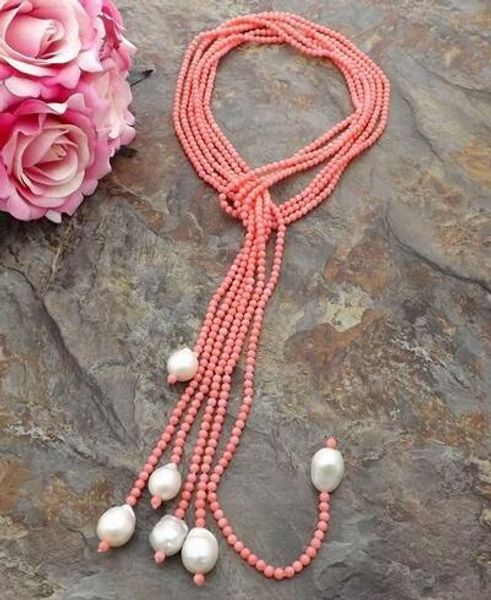

beautiful 40" 3row 4mm pink coral white keshi pearl necklace, Silver