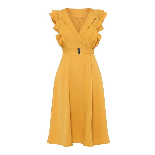 

womens dresses summer dress yellow dress women pleated wave cut lace up sweet party dress summer 2019 petal sleeve elegant vintage, Black;gray