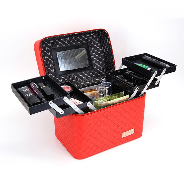

four open embroidered plaid cosmetic hand box cosmetic bag large size multi-functional cosmetics storage box