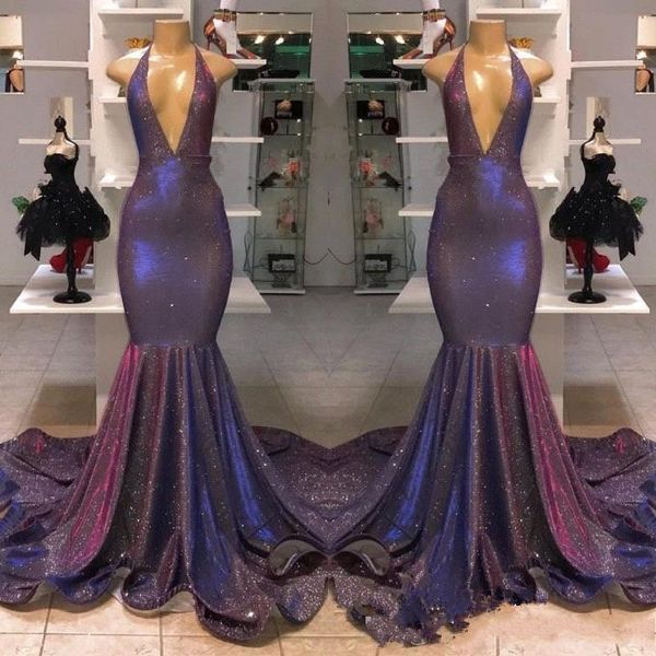 

2019 Sparkle Reflective Purple Sequined Prom Dresses Real Image Deep V Neck Mermaid Halter 2K19 Long Cheap Evening Gowns