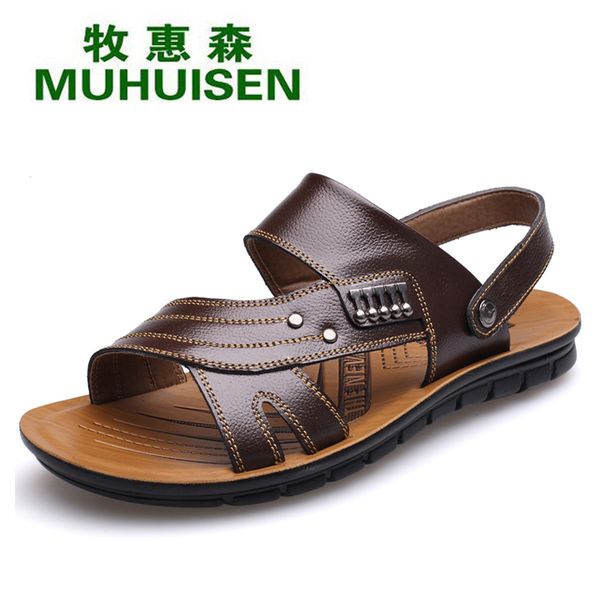 

muhuisen summer sandals genuine leather male sandal for fashion young men summer sandal or middle age men casual sandals, Black