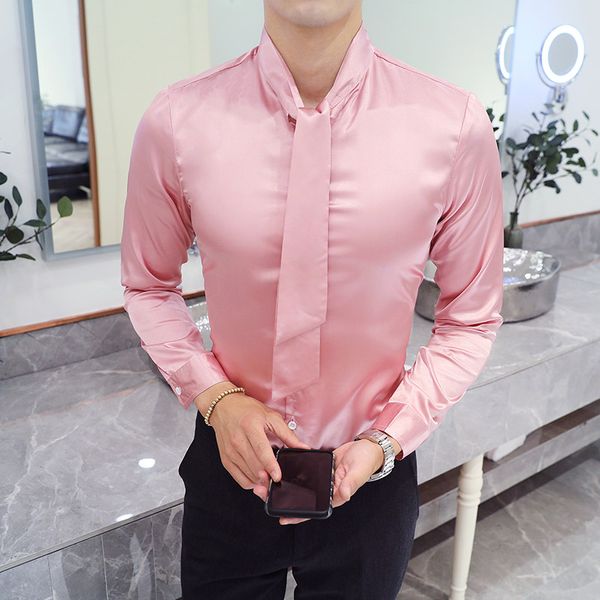 

shirt мужчины корейский осень brand new sexy bow шеи смокинг рубашка slim fit с длинным рукавом твердые рубашки платья социальный мужчины од, White;black