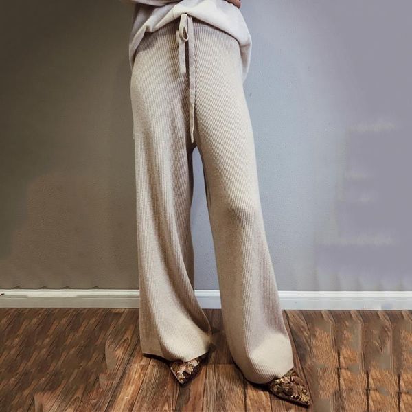 

high waist cashmere wide leg pants women's trousers casual loose sweater pants autumn and winter knitted, Black;white