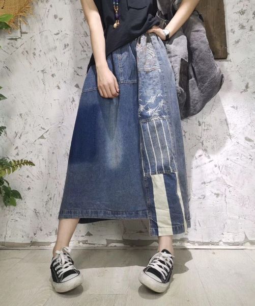 

2020 vintage artistic printed stitching denim skirt elastic waist slim mid-length women's skirt all-match a- line, Black