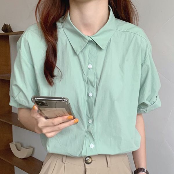 

women shirts 2020 summer short sleeve loose solid color lapel single breasted casual korean blouse 8a013, White