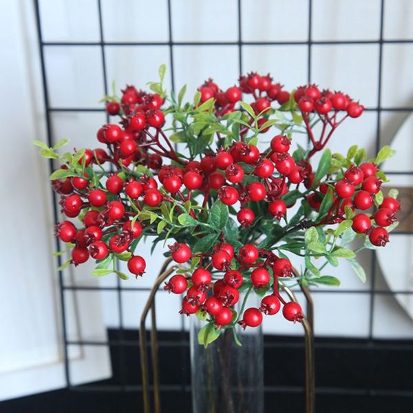 

3x christmas red berry holly leaves branch artificial flower pick decoration