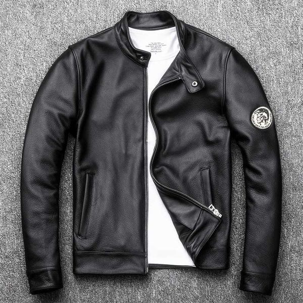 

jacket youth fashion cowhide genuine men casual locomotive stand collar slim fit short motorcycle biker leather coat, Black