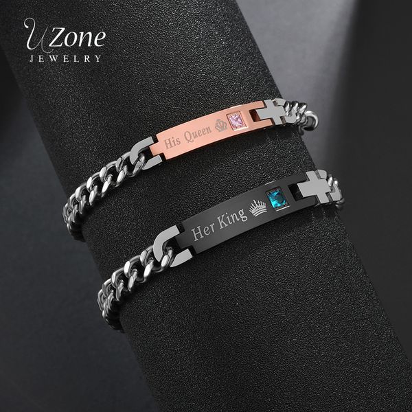 

uzone romantic stainless steel true love couple bracelet zirconia queen king crown charm bar bracelets valentine's day gift, Black