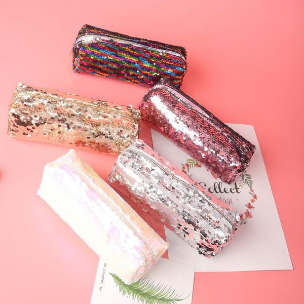 

new fashion women cosmetic bag outdoor fashion trend long solid color trousse de toilette leather sequin pencil beauty case #c12