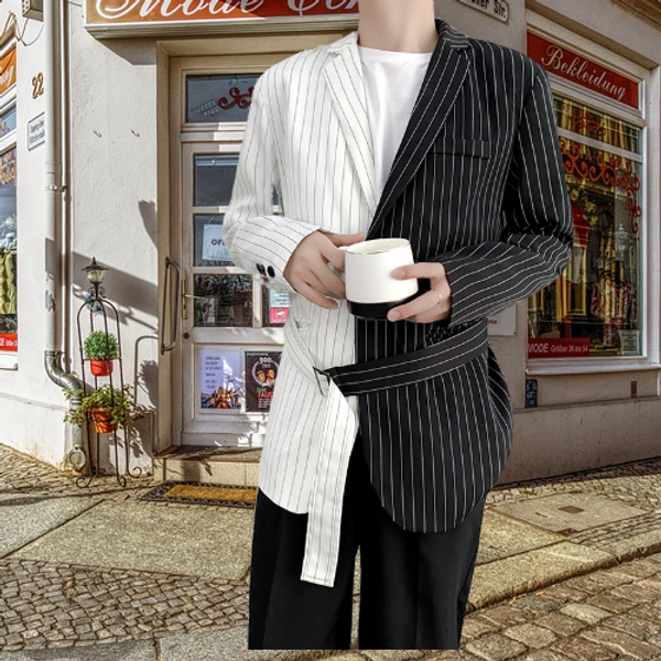 

thorndike 2020 stripe splicing slim fit men suit 2 piece stylish young men groom tuxedo wedding suits set casual custom man, White;black