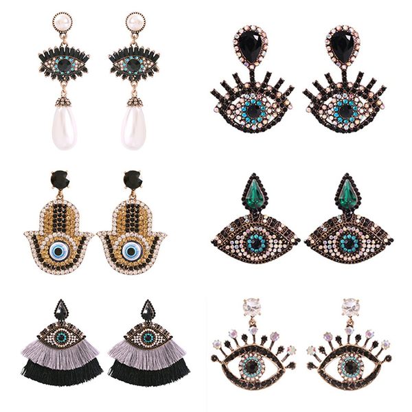 

creative turkish eye long drop earrings for women fashion zircon pearl tassel fatima hand dangle earring exaggerate jewelry, Silver