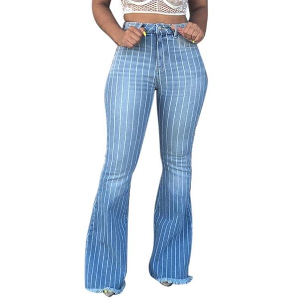 

fashion casual ladies skinny stretch denim pants women's high waist jeans striped jeans wide leg bell-bottomed trousers jeans#y4, Blue
