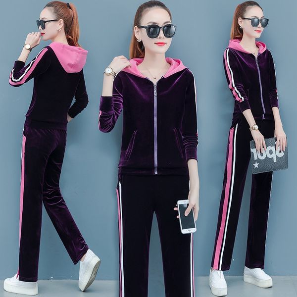 

women sport suit velvour stripe printed zip up hoodies jacket+pant casual jogger running workout outfit set sportswear tracksuit, Black;blue