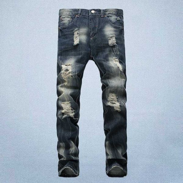 

new fashion popular handsome men's slim straight cotton stretch jeans men's loose casual full length hole comfortable pants, Blue