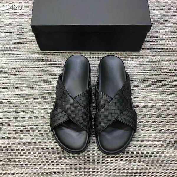 

men woven leather slide sandals, black slip- on flip beach slip flops flops sport slippers size 38-45