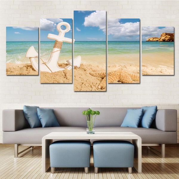 

5 pieces modern canvas painting wall art for home decoration anchor with starfish on sandy beach summer holiday concept beach seascape print