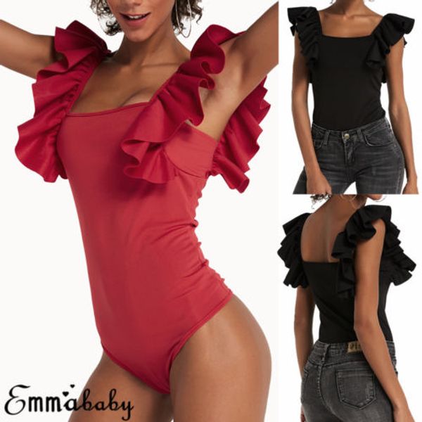 

new women square collar bodysuit ruffle sleeve flared shoulder bodysuit body leotard skinny, Black;white