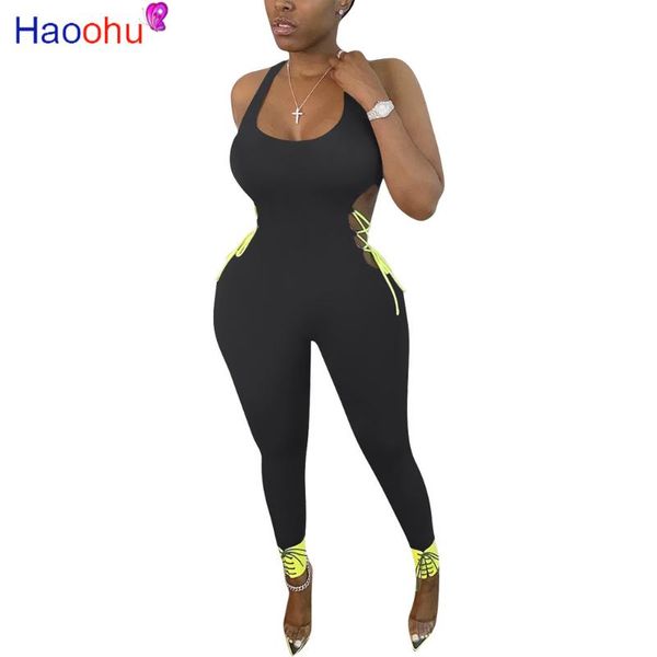 

women's jumpsuits & rompers haoohu women summer lace up side sleeveless skinny pencil jumpsuit party club tank one piece overall outfit, Black;white