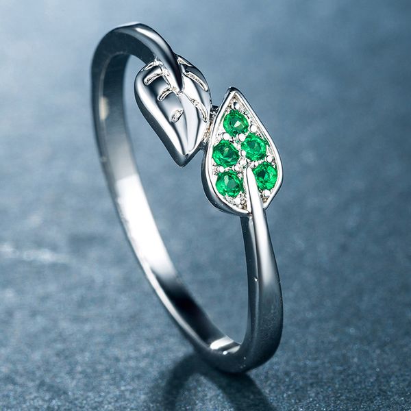 

new fashion simple branch green leaf zircon ladies rings jewelry delicate cute plated silver color women party rings gifts anel