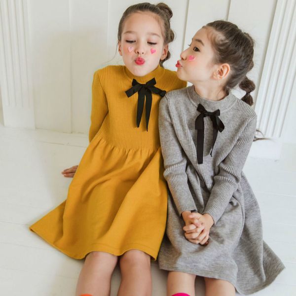 

new 2019 autumn and winter girls long style sweater dresses baby girls bottoming dresses kids casual bow princess dress, #8109, Red;yellow