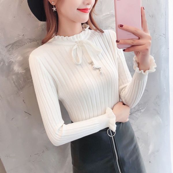 

2019 autumn petal sleeve bow collar sweater women casual slim sweater elegant sweet knitted lace up female pullover, White;black