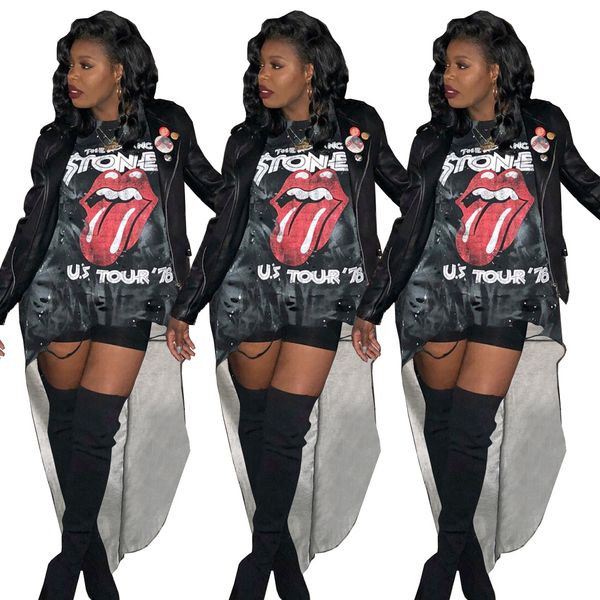 

Rock Ladies Hi-Lo Party Dress Designer Printed Big Tongue Dresses Summer Fashion Ripped Short Sleeve Dresses