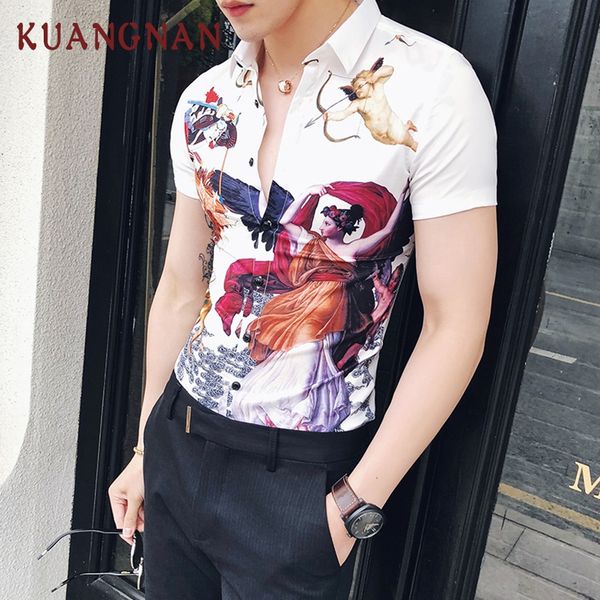 

kuangnan personality printed white short sleeve shirt men streetwear men shirt summer mens shirts casual slim fit clothing 2019, White;black