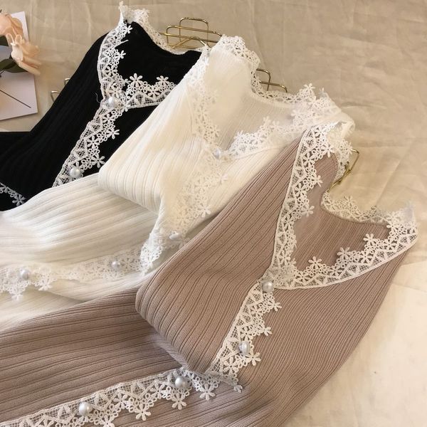 

french elegance new fund of 2019 autumn outfit lace v-neck ins pullover knit shirt sweater coat, White;black