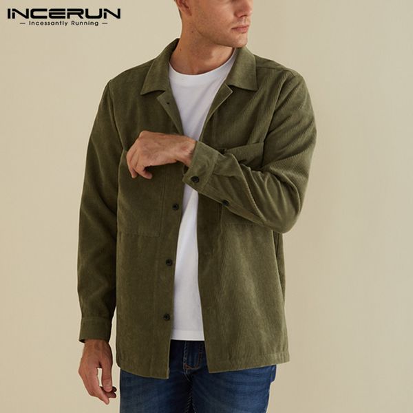 

incerun vintage casual men solid corduroy pockets long sleeve stylish shirt high street button up comfort mens blouse plus size, White;black