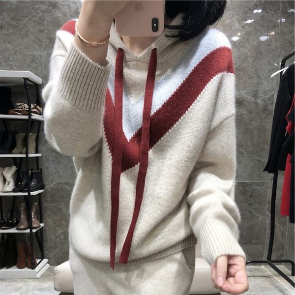

designer women hoodies cashmere sweater fashion women's knits & tees women autumn winter hooded panelled sweatshirts 4 colors size s-xl, White