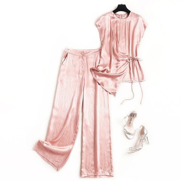 

women high-end elegant pants and set summer 2020 short sleeve lace up t-shirts and long pant pink two piece set green, White