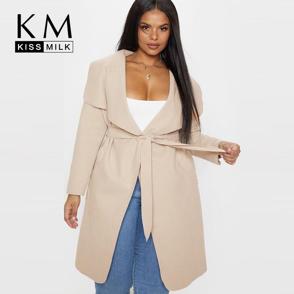 

kissmilk stylish simplicity oversized suit collar lace waist sports and leisure solid color large code medium long coat, Tan;black