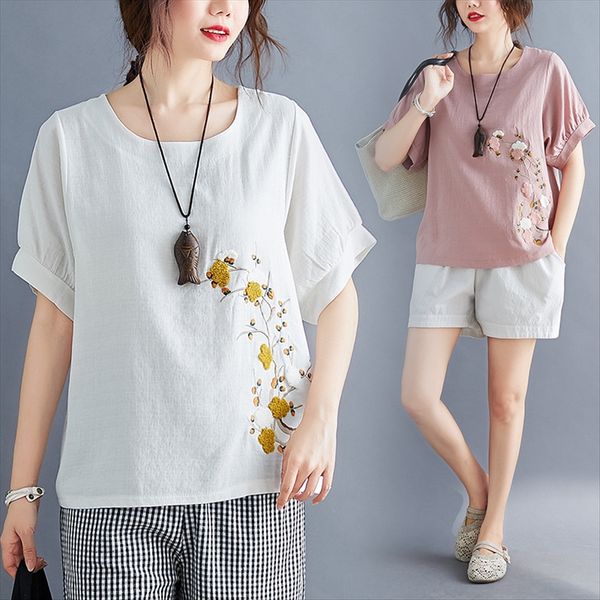 

# embroidery embroidered design sense niche shirt women's summer 2020 loose short sleeve shirt, White