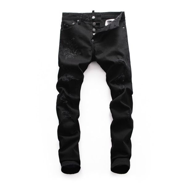 

men brand print ripped biker skinny denim pants men's distressed hole jeans fashion designer straight jeans luxury black jeans, Blue