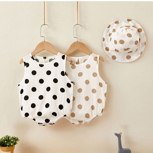 

jumpsuits summer baby clothing cool girls bodysuits cotton infant boys sleeveless dot print bodysuit hat outfit, Blue