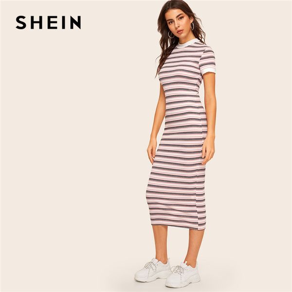 

shein contrast neck and cuff striped pencil dress 2019 preppy colorblock stretchy spring autumn bodycon women dresses, Black;gray
