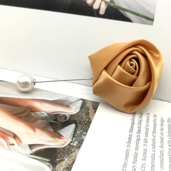 Light Brown Gold Satin Rose Handmade Flower Brooch Pin Wedding