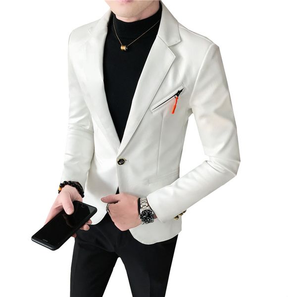 

new autumn faux pu leather suit jacket men korean trendy slim fit coat white red black fashion streetwear blazer jackets male, White;black