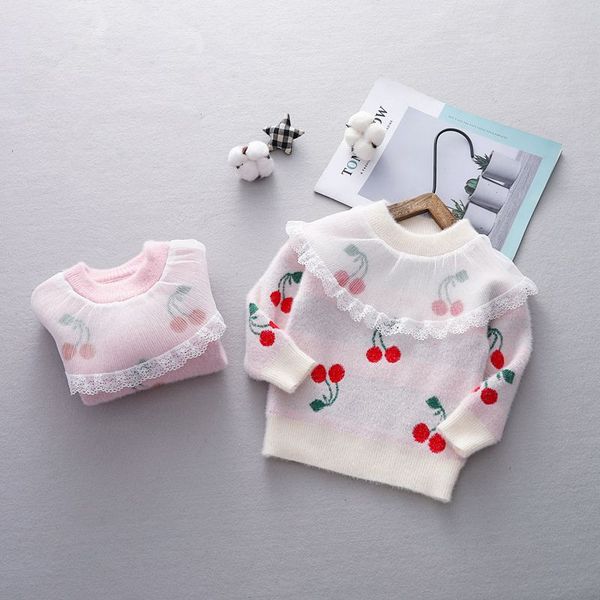 

2019 autumn winter baby girls cherry print lace velvet knitwear princess sweaters children kids knitted pullover jumpers, Blue