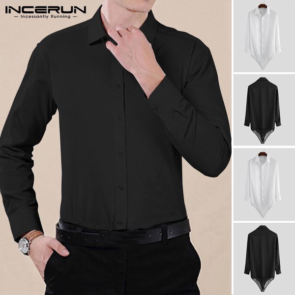 

men's dress shirts incerun fashion men shirt bodysuit long sleeve solid color turn-down collar button party romper streetwear 2021, White;black