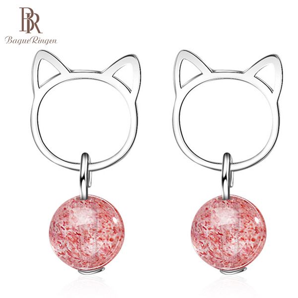 

bague ringen 100% 925 sterling silver 925 earrings cute cat shape with strawberry crystal lady daily party jewelry, Golden;silver