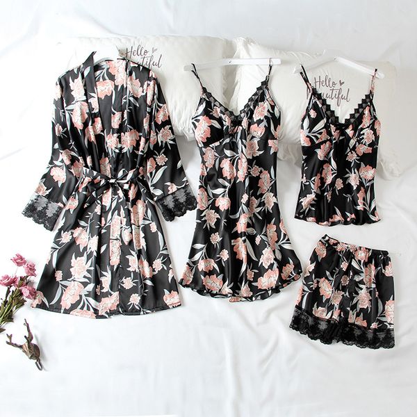 

women's 4 pieces pajamas sets emulation silk pyjamas women sleepwear sets spring summer pijama homewear lace pajamas, Blue;gray