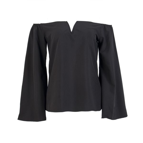 

new fashion women ladies off shoulder blouse autumn slash neck loose long flare sleeve solid casual shirt blouse, White
