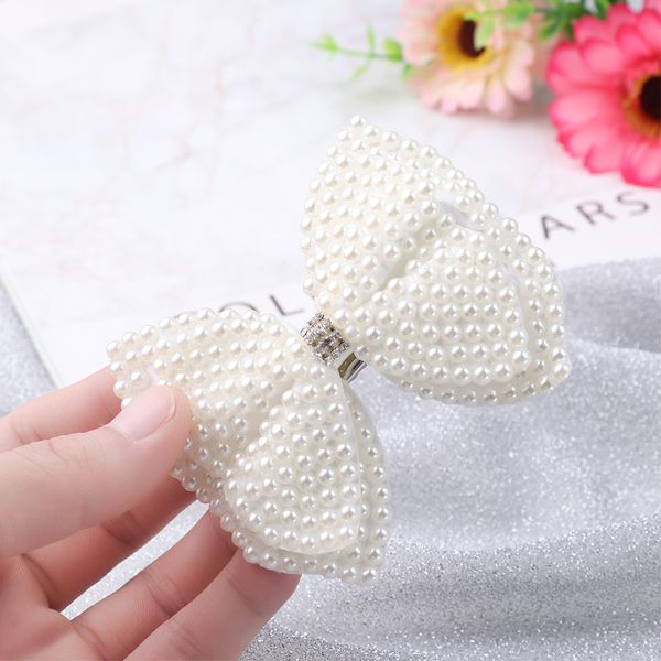 

white pearl hair bows hair clips for girls kids boutique layers bling rhinestone center bowknot hairpins accessories, Slivery;white