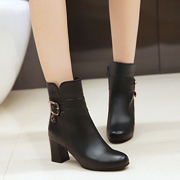 

women boots thick high heel ankle boots leather black boot female round toe platform shoes large size 35-43 botas feminina 2019