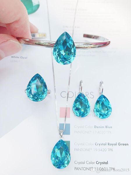 

11.11 fashion tear drop design jewerly sets for women pendant earrings ring bangle sets made with swarovski elements crystal bijoux gift, Black