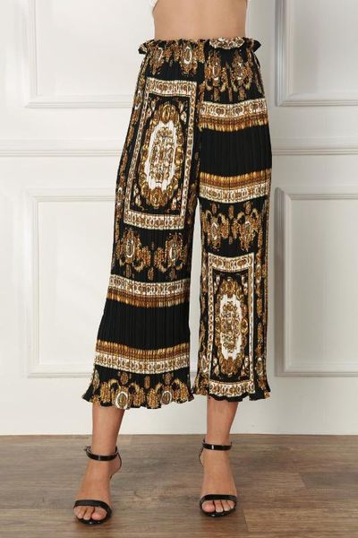 

make amazon europe and the united states of big shop sign printed totem elastic process lace pants waist pleated loose big yards, Black;blue