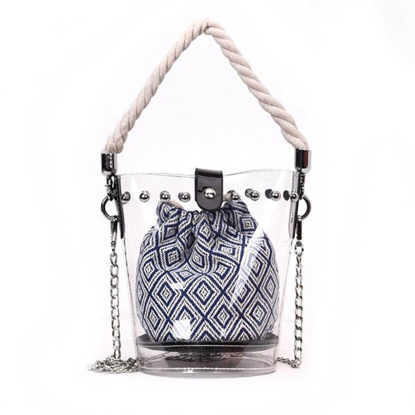 

fggs blue new fashion pvc chain diagonal handbag fashion transparent hit color diamond rivet rope shoulder diagonal mothe