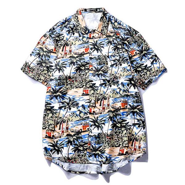 

men printed summer short-sleeved loose button casual shirt spring personality shirt, White;black