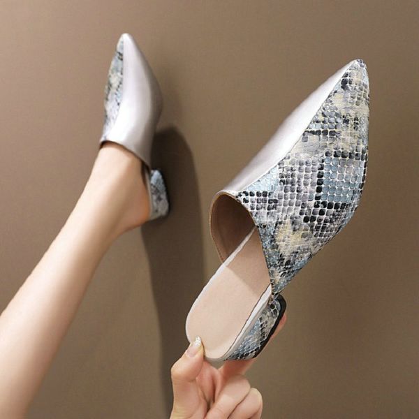 

zawsthia 2020 snake python skin printing pointed toe chunky middle heels women slippers outside women slides mules big size 48, Black